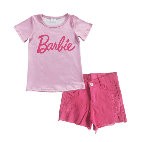 GSSO0287 Barbie Pink Denim Shorts 2 Pcs Girl's Set