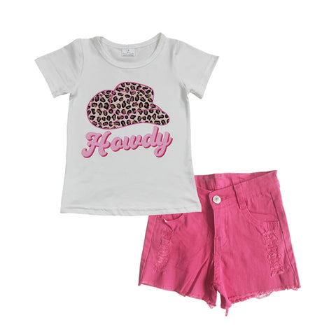 GSSO0289 Howdy Pink Denim Shorts 2 Pcs Girl's Set