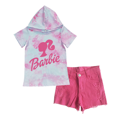 GSSO0293 Barbie Hoodie Pink Denim Shorts 2 Pcs Girl's Set
