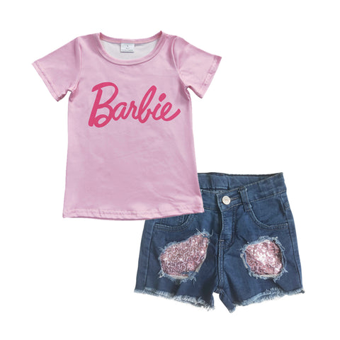 GSSO0294 Barbie Pink Sequins Denim Shorts 2 Pcs Girl's Set