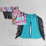 SALE GSPO0141  Fashion Cowgirl Flower Green Tassel Black Girl's Set