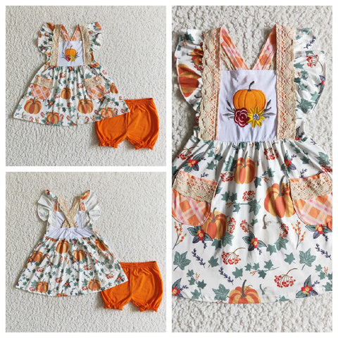 Embroidery Pumpkin Fall Orange Lace Pockets Girl's Matching Clothes