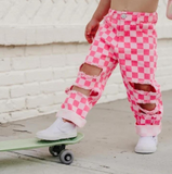 P0096 New Fashion Pink Pliad Hole Denim Boy's Girl's Pants Jeans