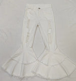 P0129 White Hole Denim Flared Girl's Pants Jeans