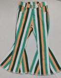 P0131 Fashion Green Stripe Denim Flared Girl's Pants Jeans