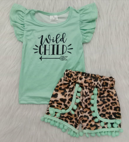 SALE A15-24 Wild Child Green Leopard Girl's Shorts Set