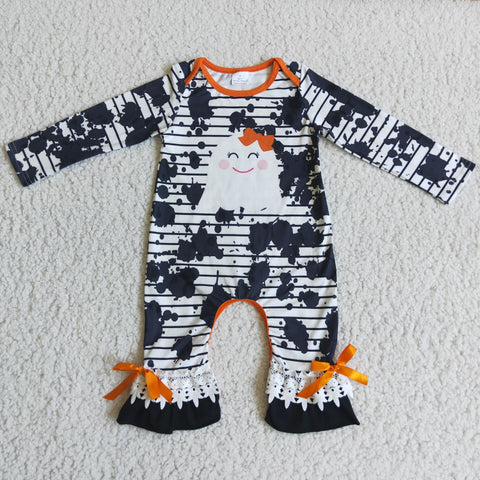 Halloween Ghost Stripe Black Girl's Romper