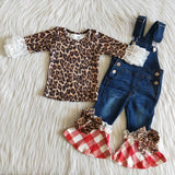 Fashion Leopard With Lace Denim Overalls Set