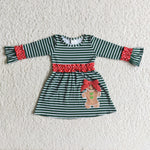 SALE 6 B13-20 Girl's Embroidered Gingerbread Green Stripe With Bow