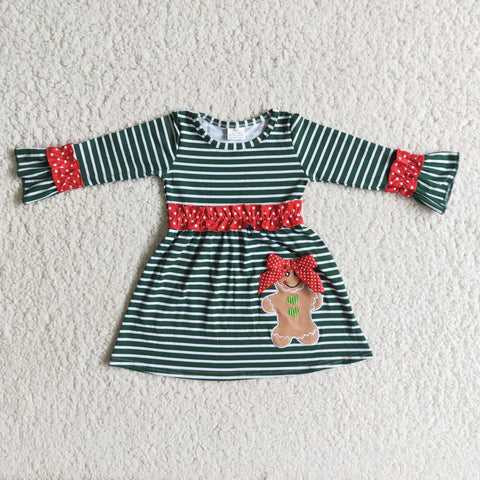 Girl's Embroidered Gingerbread Green Stripe With Bow