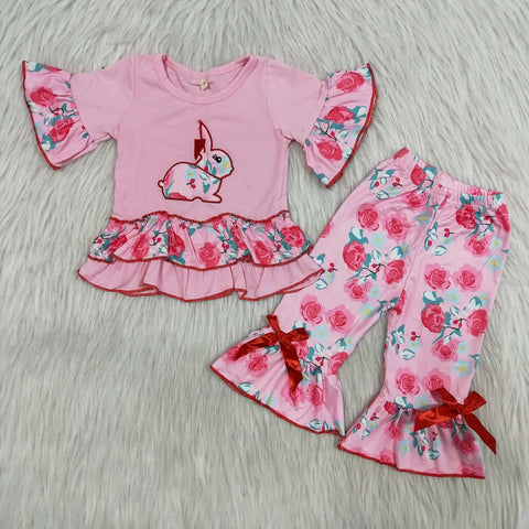 Easter Embroidery Bunny Pink Flowers Cropped Trousers Set