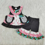 E3-16 Girl's Flower Sleeveless Top With Pockets Grey Set