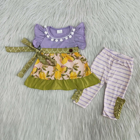 Girl's Purple Flower Stripe Set With Ball design