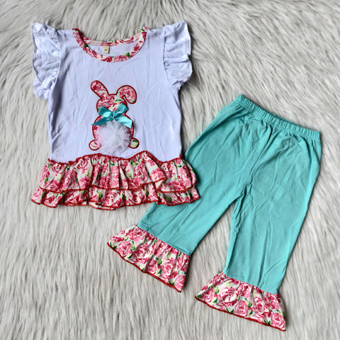 Easter Embroidery Bunny Blue Flowers Cropped Trousers Set