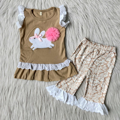 Easter Embroidery Bunny Khaki With Lace Cropped Trousers Set