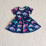 SALE A0-12 Dinosaur Blue Short Sleeves Girl's dress