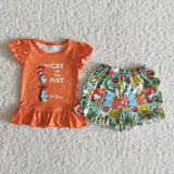 SALE A6-16 The cat in the hat Orange Reading Girl's Shorts Set