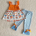 Orange Sleeveless Blue Stripe With Bows Set