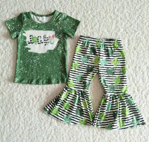 B14-4 Lucky St. Patrick's Day Green Stripe Short Sleeves Set