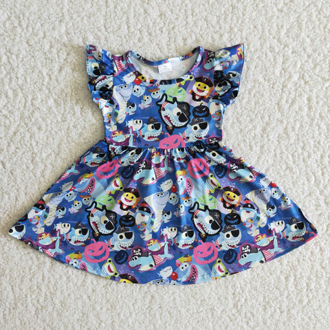 B14-12 New Dark Blue Fish Shark Short Sleeves Girl's dress