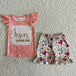 SALE A14-12 Jesus Loves Me Pink Flower Girl's Shorts Set