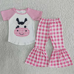 SALE B9-11 Cow Pink Plaid Cute Short Sleeves Set