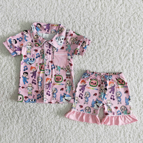 SALE B4-14 Summer Cartoons Pink Shorts Set Pajamas