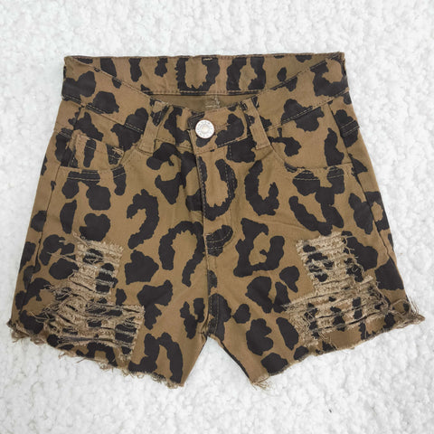 Summer Kids Ripped Design Leopard Fashion Denim Girl's Shorts