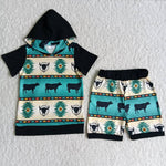 Hoodie Western Cow Bull Hot shorts Boy's Set