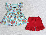 C1-1 Cartoon Balloon House Red Girl's Shorts Set