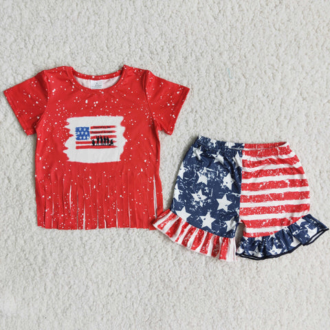 SALE C16-2 National Day Stripe Star Flag With Tassel Girl's Shorts Set