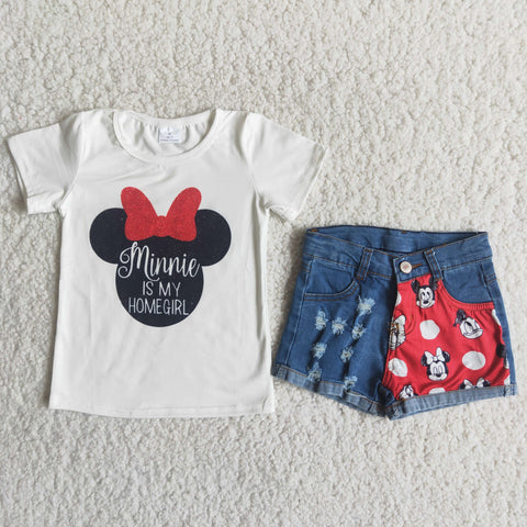 Cartoon is my home mouse girl Jeans Denim shorts Girl's set