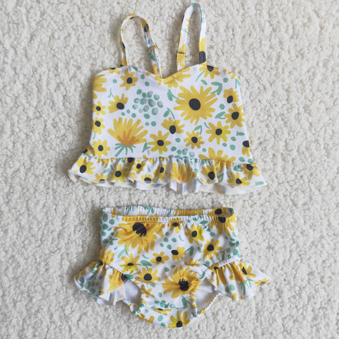 C14-19 Girl sunflower yellow white two piece swimsuit