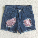 C15-13 Summer Kids Ripped Pink Sequins Denim Girl's Shorts