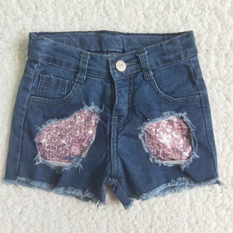 C15-13 Summer Kids Ripped Pink Sequins Denim Girl's Shorts