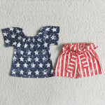 SALE D13-29 National Day 4th of July Blue Star Red Stripe Shorts Belt Girl's Set