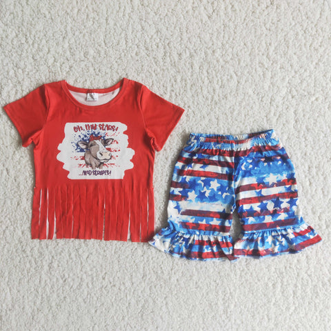 National Day Cow Flag With Tassel Girl's Shorts Set