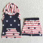 SALE C14-23 Hoodie blue red stripe star sleeveless shorts Boy's Set