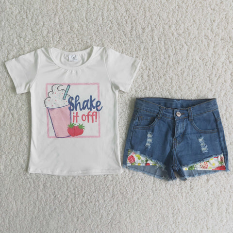 Strawberry Shake it off pink Jeans Denim shorts Girl's set