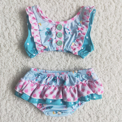 Girl summer blue flower cute two piece swimsuit