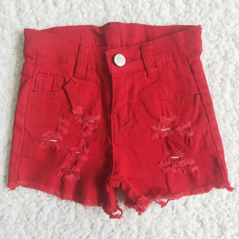 A9-20 Summer Kids Ripped Red Denim Girl's Shorts