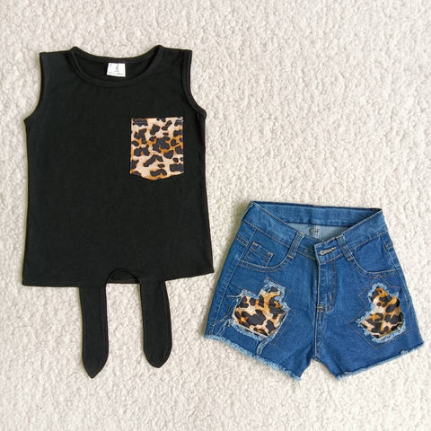 Leopard pocket sleeveless Jeans Denim shorts Girl's set