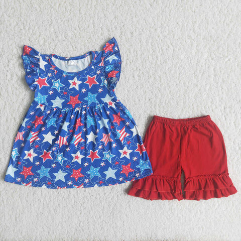 Blue shirt with white and red star pure red shorts