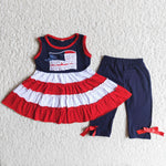 National Day Embroidery Sleeveless Blue Red Ruffles Set