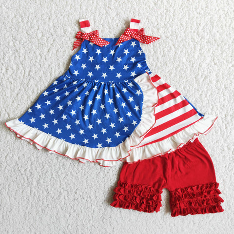 SALE D7-1 Blue shirt with wite star and red stripe two bows pure red shorts