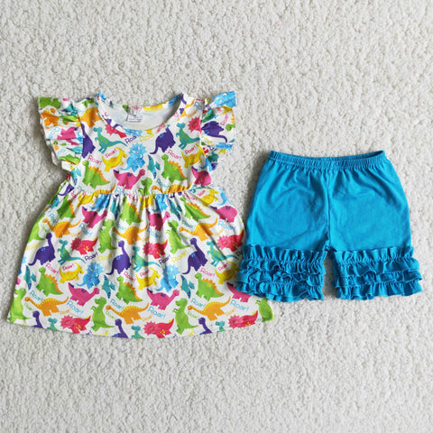 Summer Dinosaur Blue Girl's Shorts Set