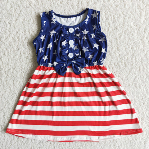 Girl's dress with red stripe white star and bow three white buttons