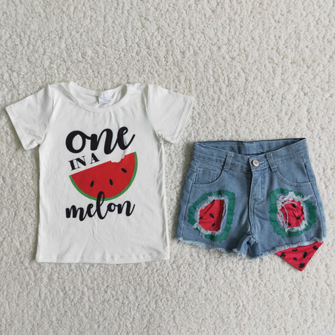 One in a melon Watermelon Red Jeans Denim shorts Girl's set