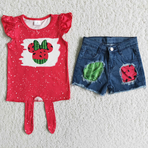D12-3 Cartoon Watermelon mouse Red Jeans Denim shorts Girl's set
