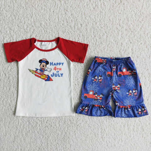 White shirt with Cartoon mouse happy 4th of July letters blue shorts with truck fireworks